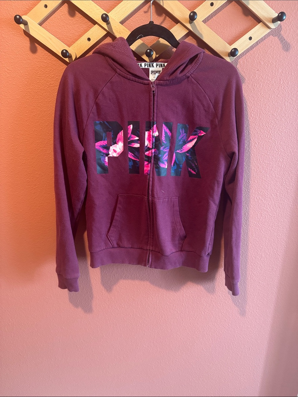PINK Victoria's Secret Maroon Zip-Up Hoodie with Floral Logo